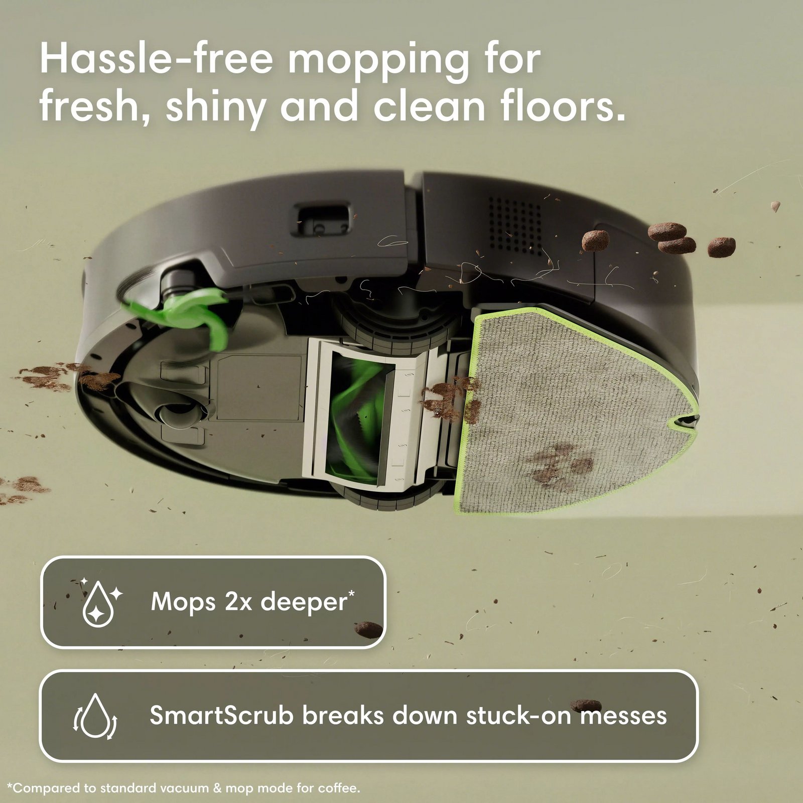 Underside view of the Roomba&reg; 115 Combo robot with the microfibre pad spinning as it cleans