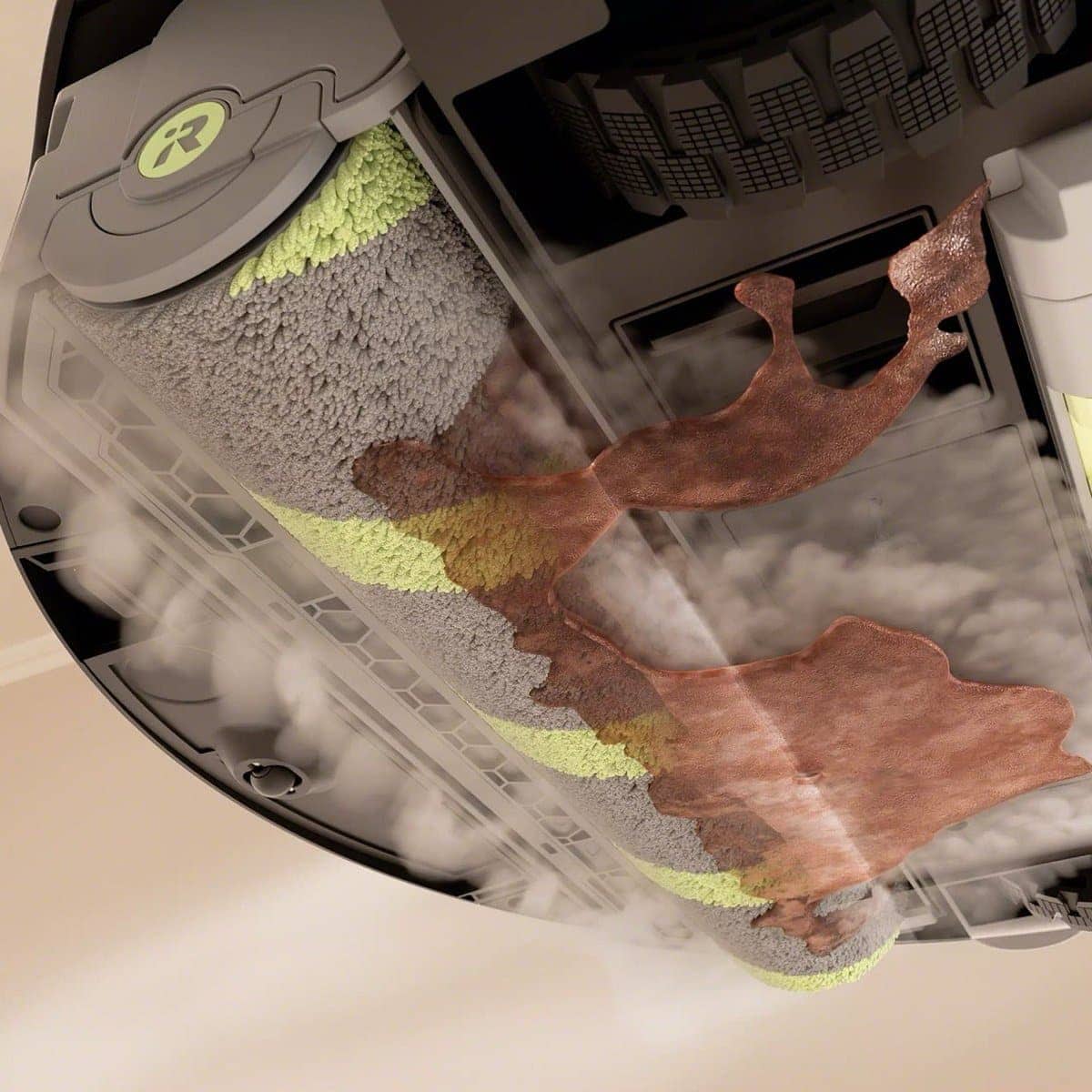 Close-up of the Roomba&reg; Max 875 Combo robot spraying ThermaMist&trade; hot mist before the roller scrubs a stain on the floor