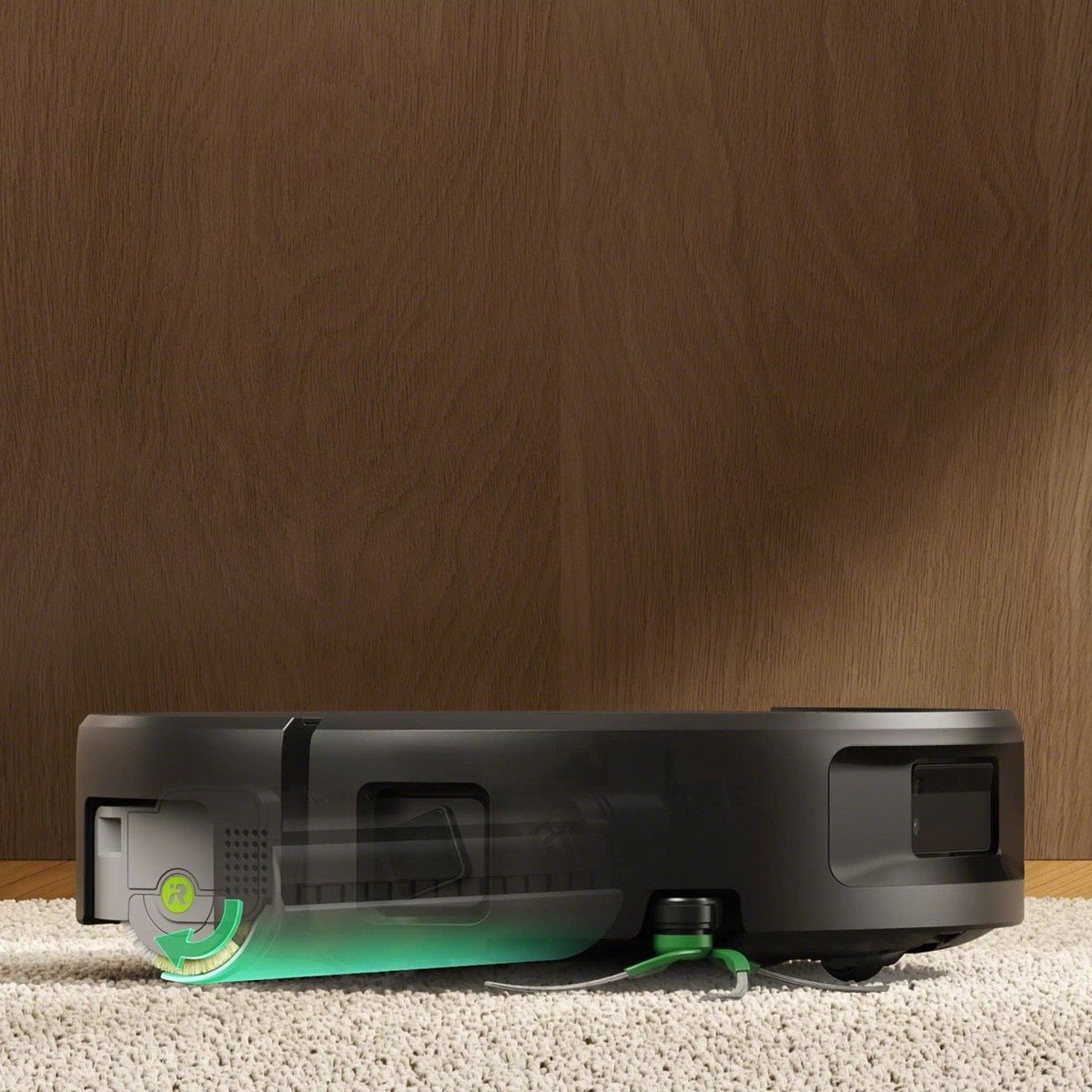 Close-up of the DriLift&trade; Roller Shield on the Roomba&reg; Max 875 Combo robot lifting the mop roller as it crosses a carpet
