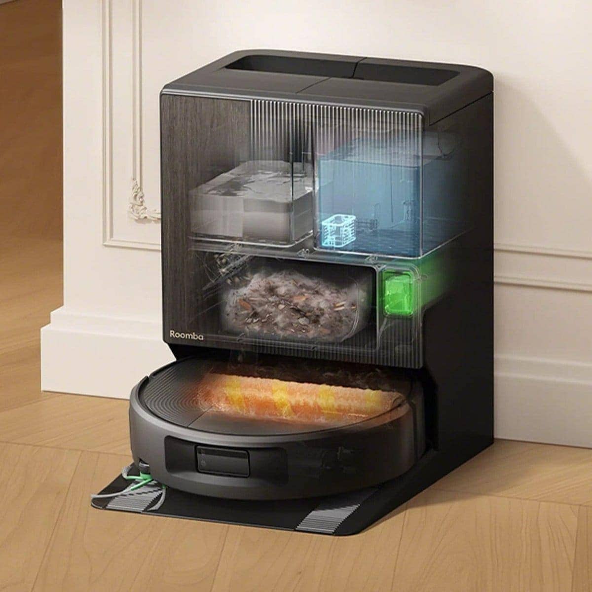 AutoWash&trade; dock of the Roomba&reg; Max 875 Combo robot with its debris bag and water tanks