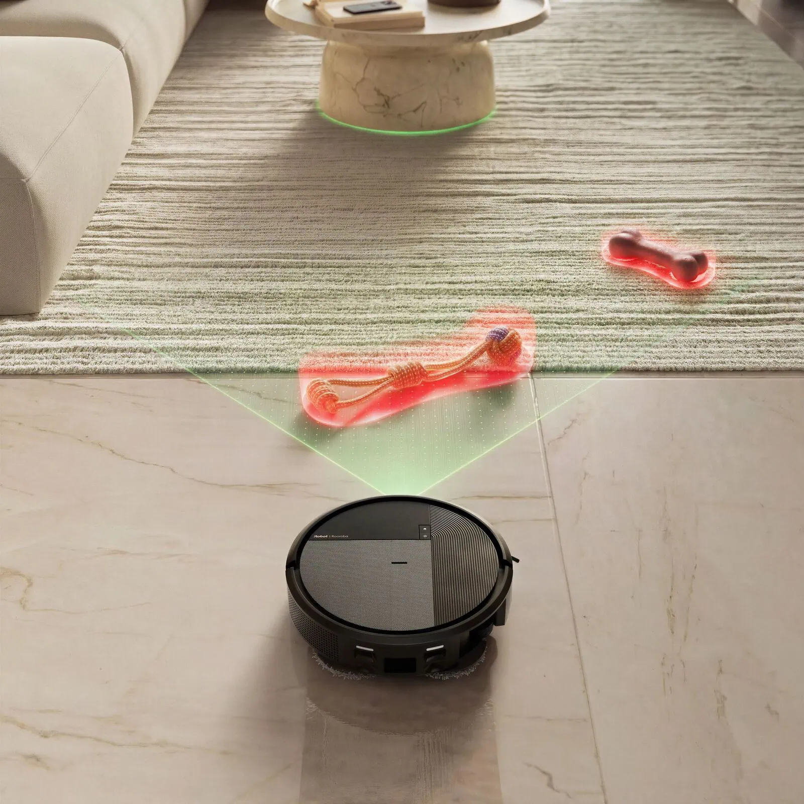 ClearView&trade; Pro LiDAR of the Roomba&reg; Plus 575 Combo robot scanning a room to build a map
