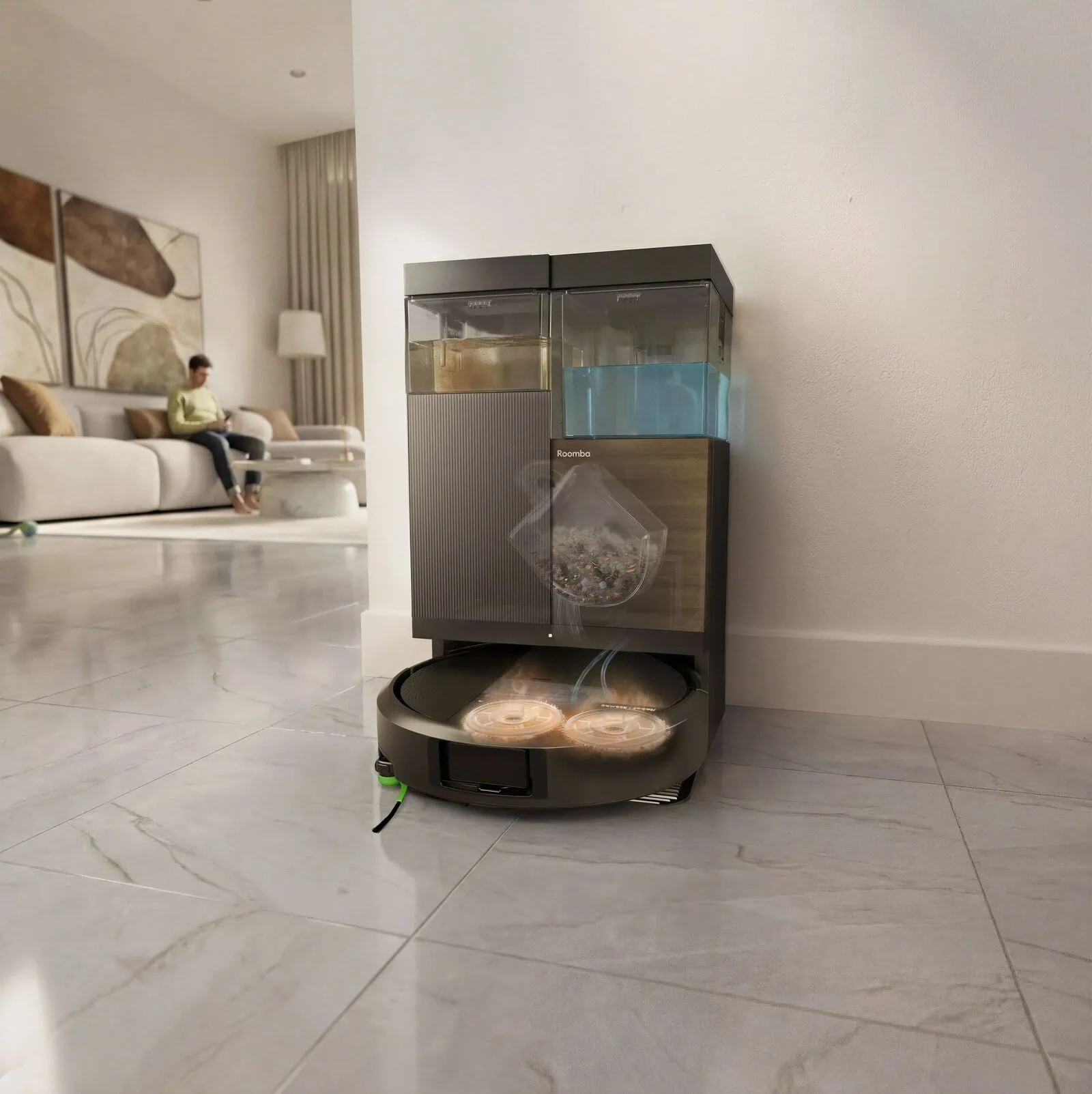 The AutoWash&trade; dock of the Roomba&reg; Plus 575 Combo robot emptying debris and refilling water