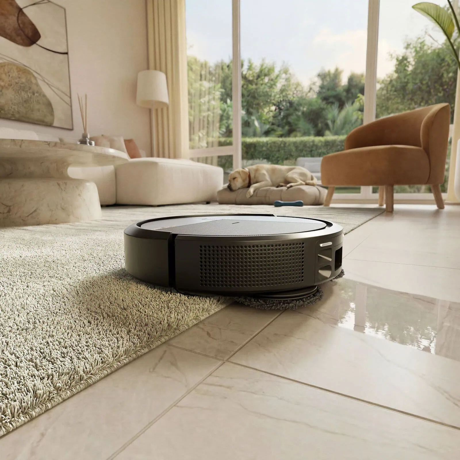 Roomba&reg; Plus 575 Combo robot climbing from carpet onto a tiled floor