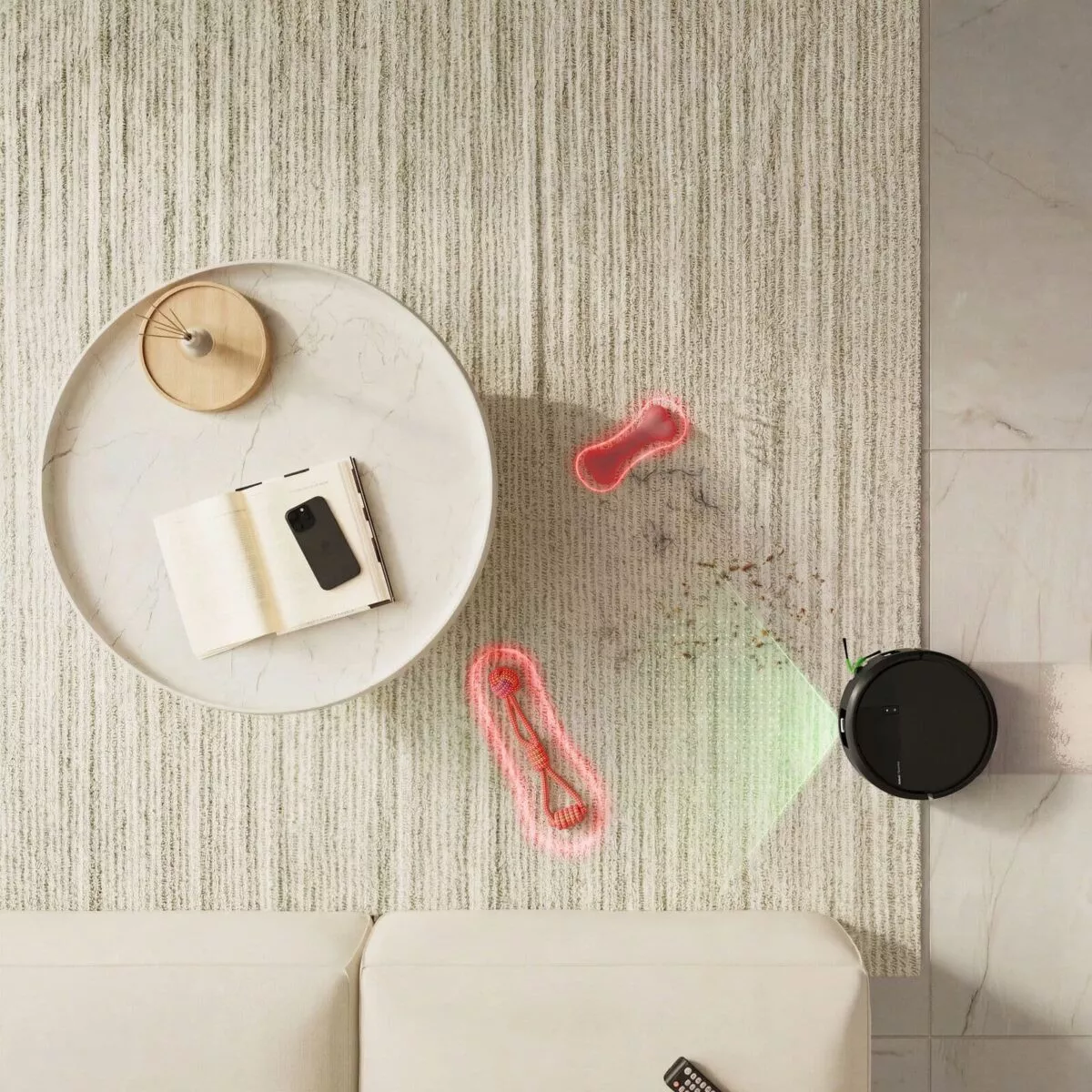 ระบบ PrecisionVision™ AI ของ Roomba® Plus 575 Combo robot ตรวจจับของเล่นสัตว์เลี้ยงบนพรมเพื่อหลบเลี่ยง