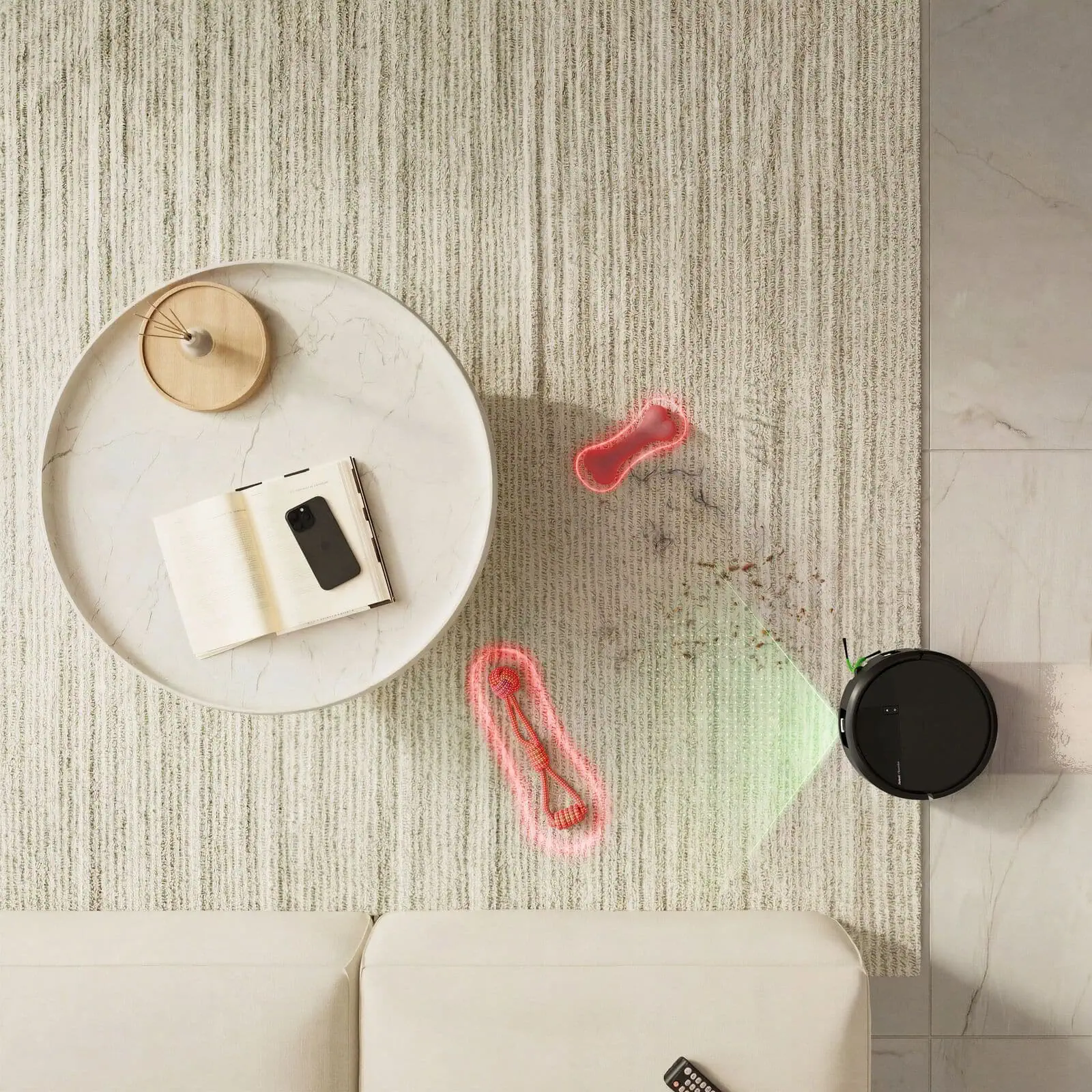 PrecisionVision&trade; AI of the Roomba&reg; Plus 575 Combo robot detecting a toy on the floor