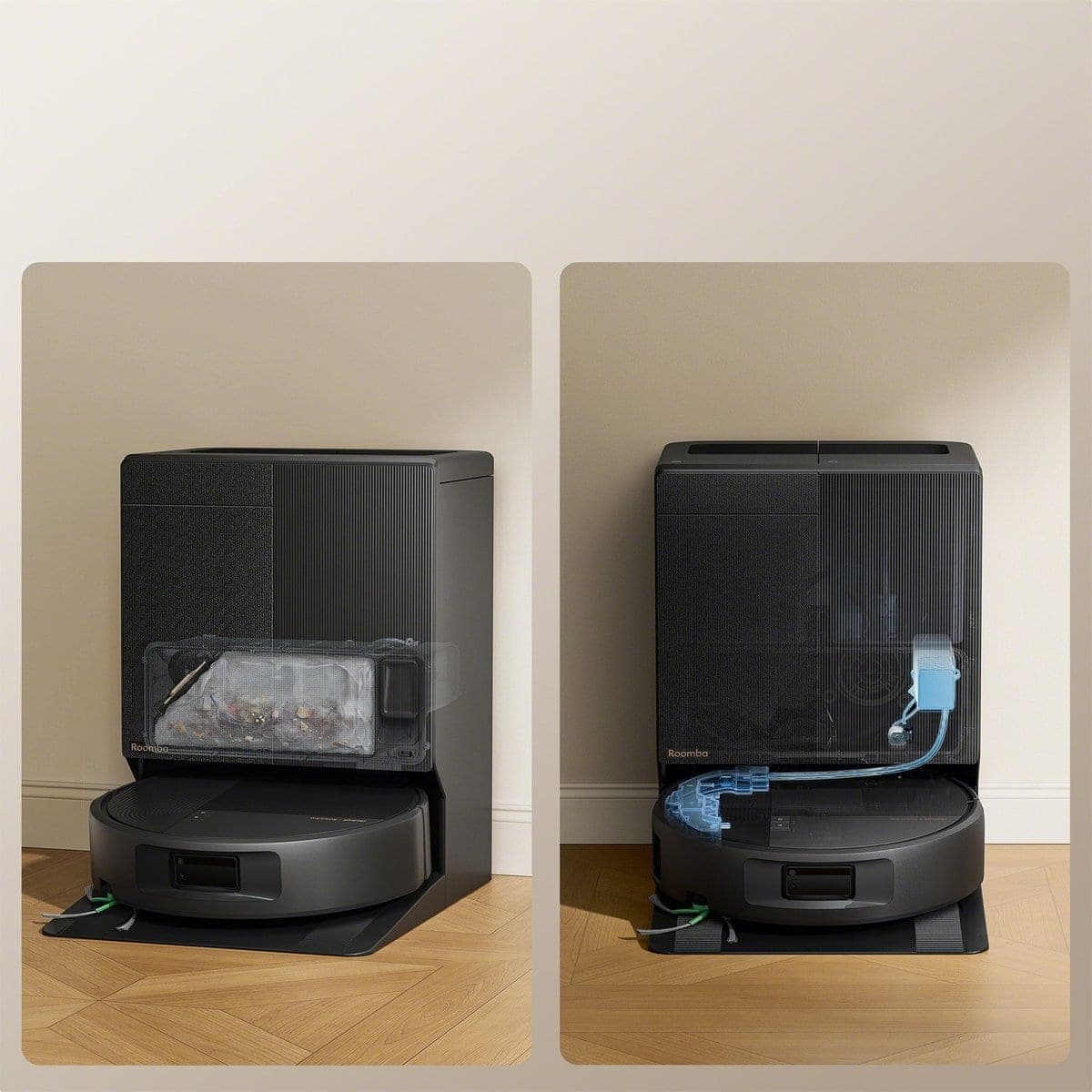 Cut-away view of the AutoWash&trade; dock of the Roomba&reg; Plus 675 Combo robot emptying debris into the bag and refilling cleaning solution automatically