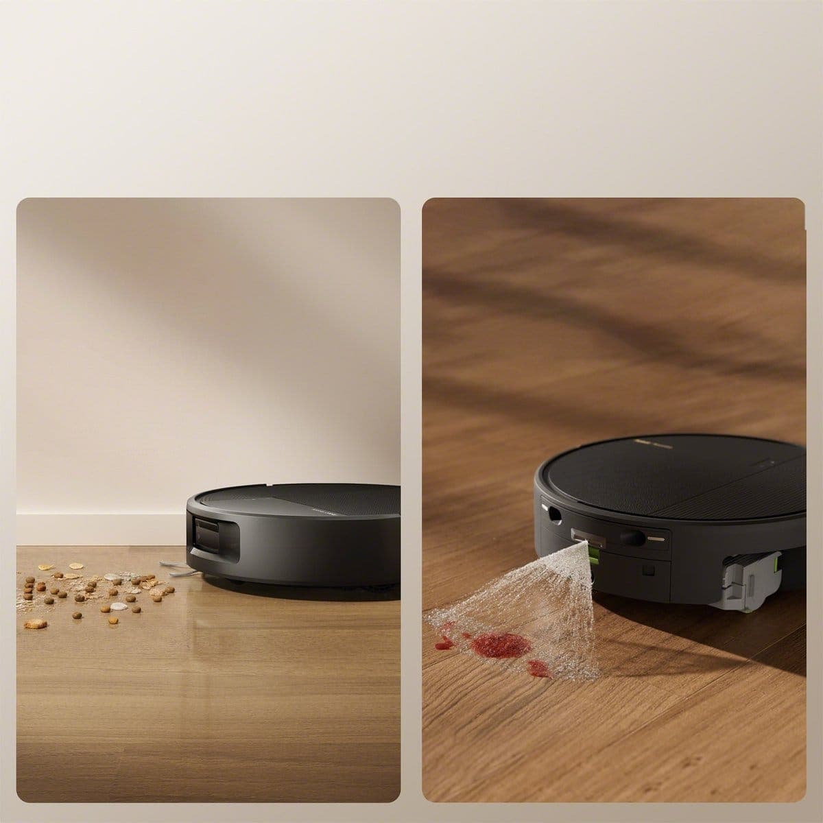 Roomba&reg; Plus 675 Combo robot detecting food debris and a wet spill on a wooden floor
