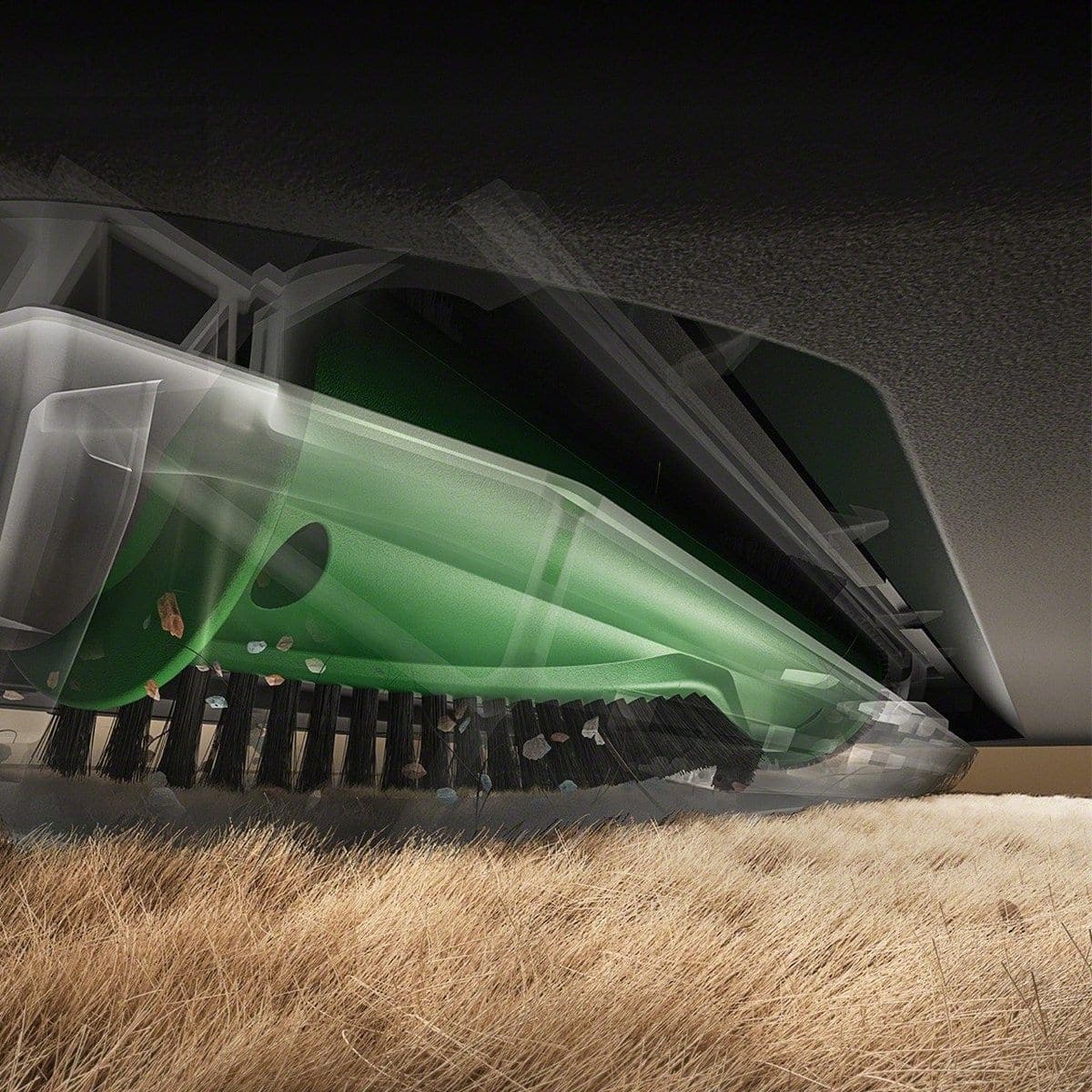 Cut-away view of SealForce&trade; technology on the Roomba&reg; Plus 675 Combo robot lifting the mop roller and boosting suction on carpet