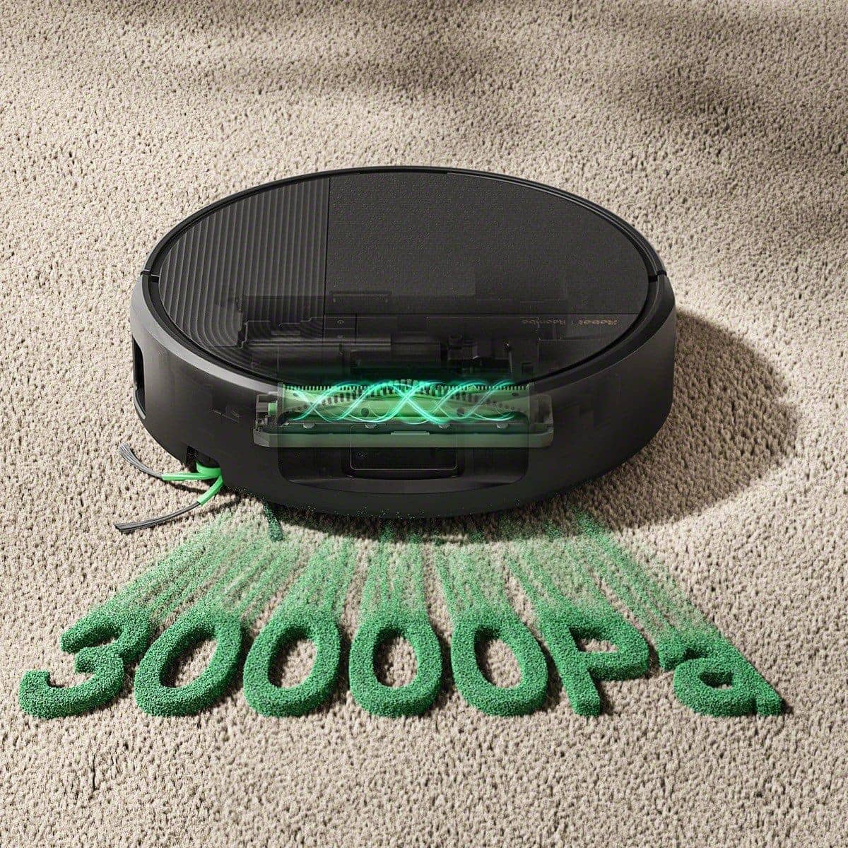 Roomba&reg; Plus 675 Combo robot vacuuming dust and pet hair from a carpet with up to 30,000 Pa of suction