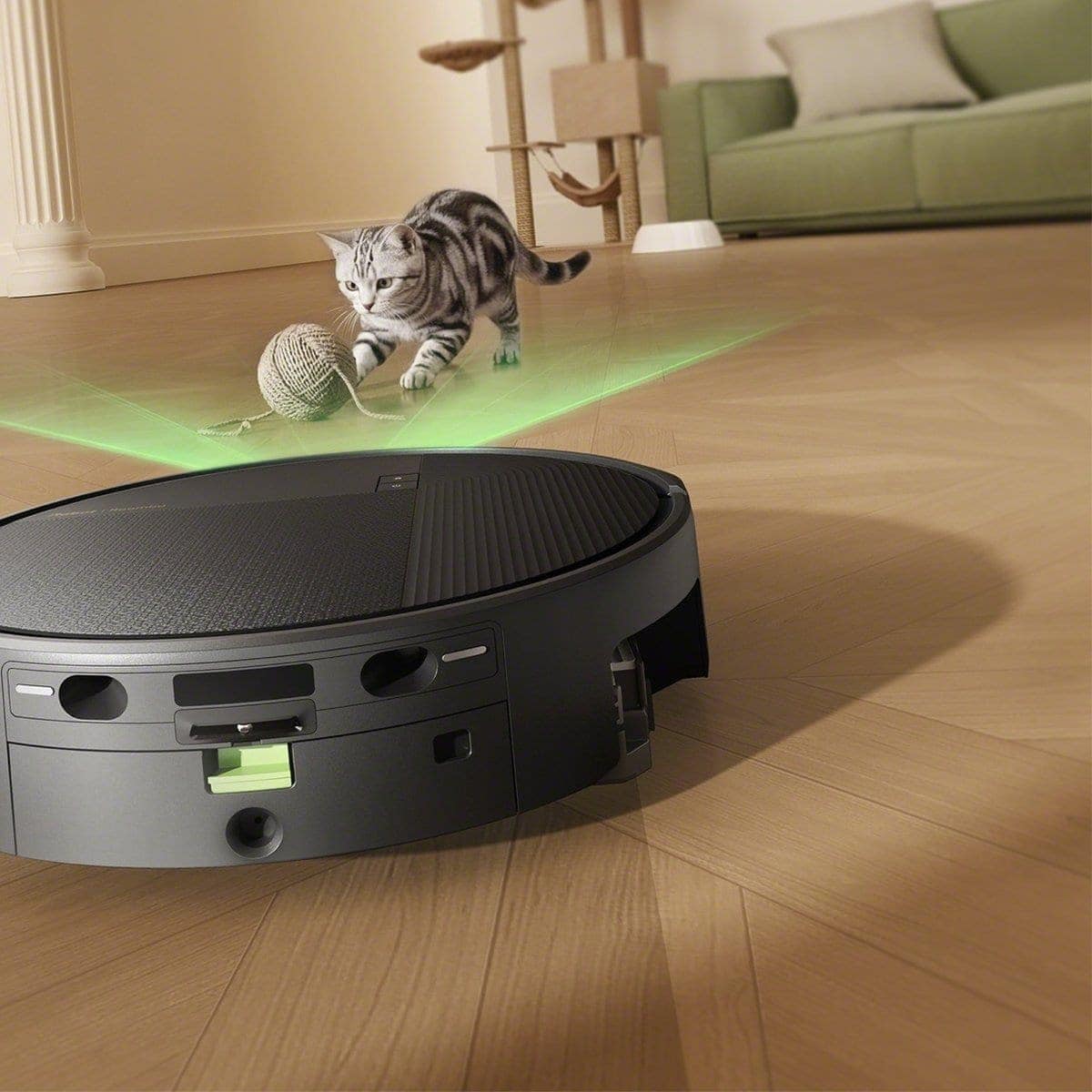 Roomba&reg; Plus 675 Combo robot detecting a cat and toys on the floor with the PrecisionVision&trade; AI camera