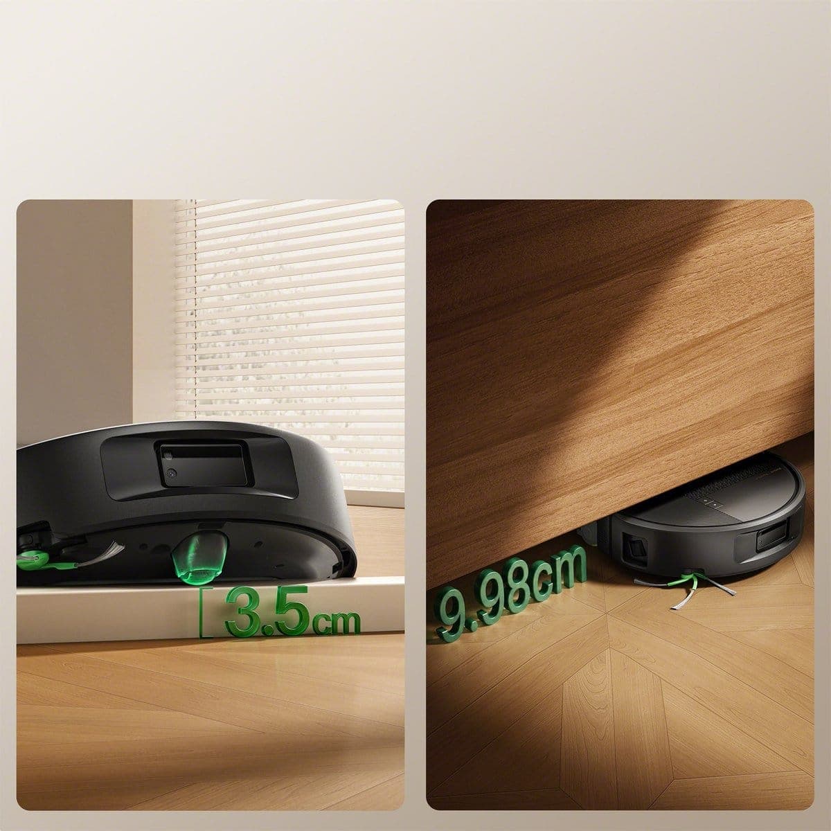Roomba&reg; Plus 675 Combo robot climbing a threshold and gliding under furniture