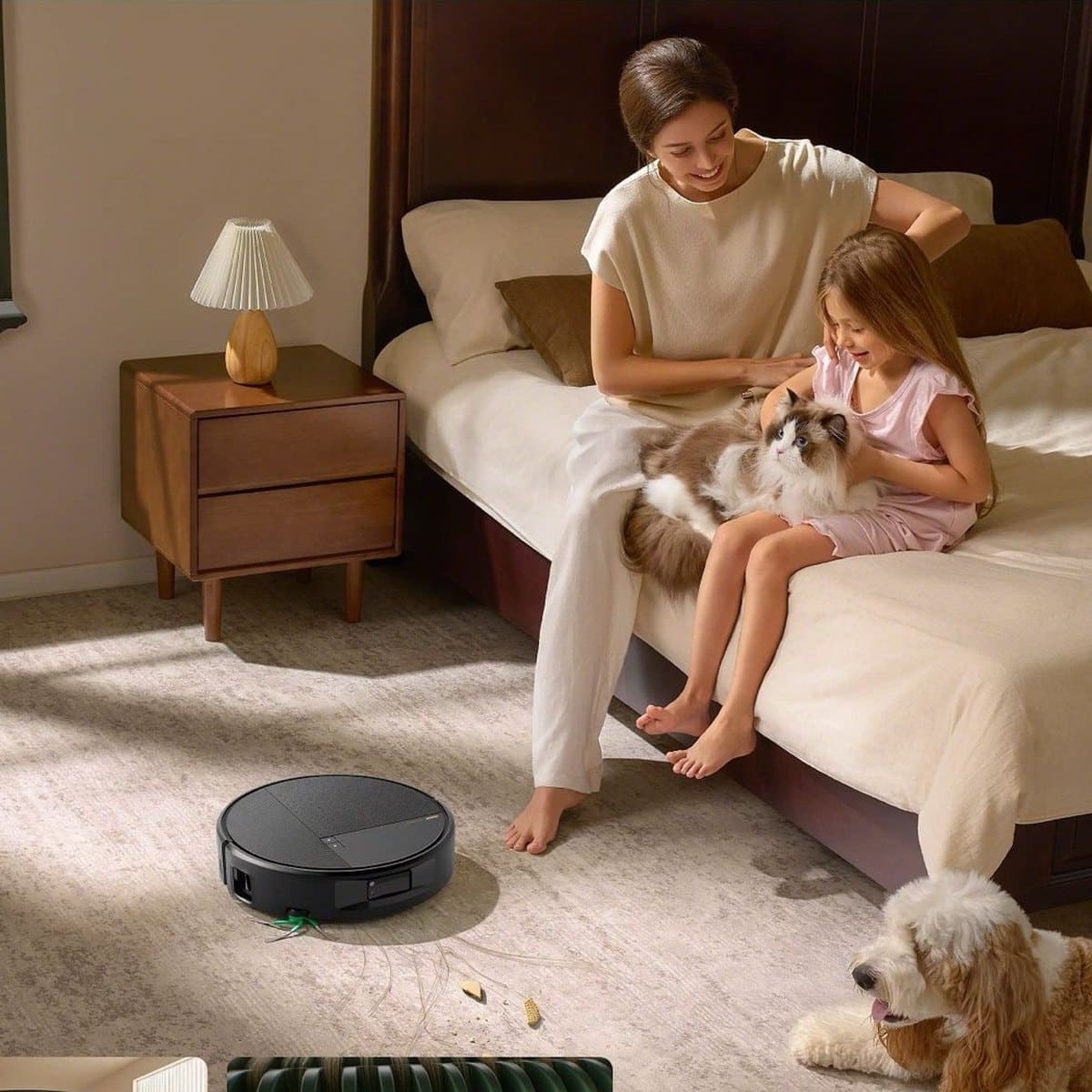 Roomba® Max 875 Combo robot ทำความสะอาดพื้นห้องนอน มีแม่ลูกและสัตว์เลี้ยงอยู่บนเตียง