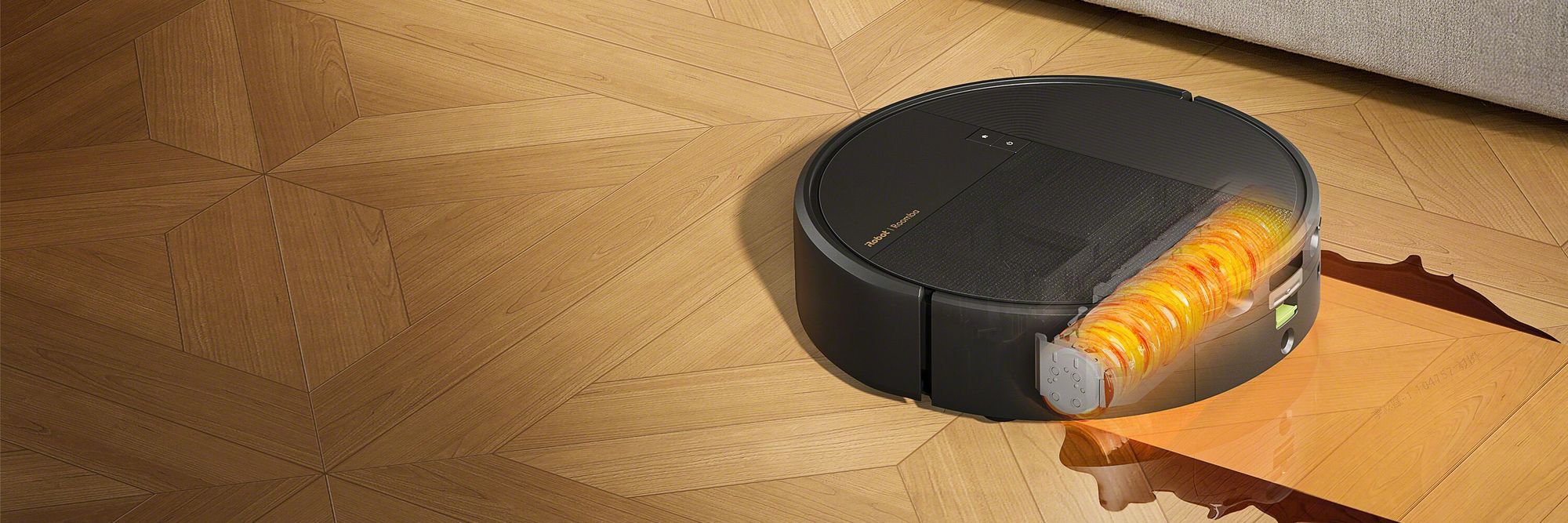 Roomba® Plus 675 Combo robot ถูคราบเครื่องดื่มบนพื้นไม้ด้วยลูกกลิ้ง PowerSpin™ น้ำร้อน