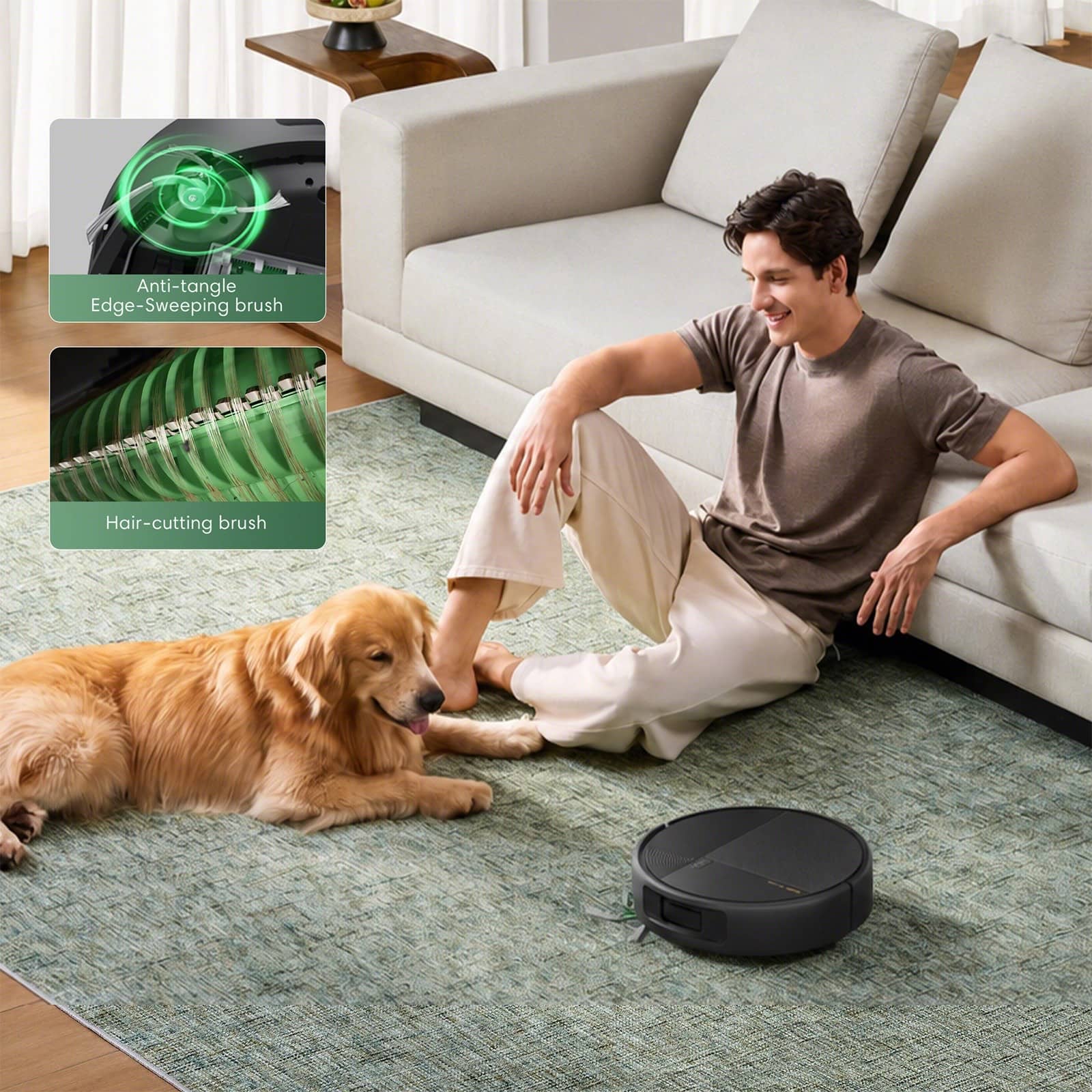 Roomba&reg; Plus 675 Combo robot cleaning a carpet beside a golden retriever in the living room
