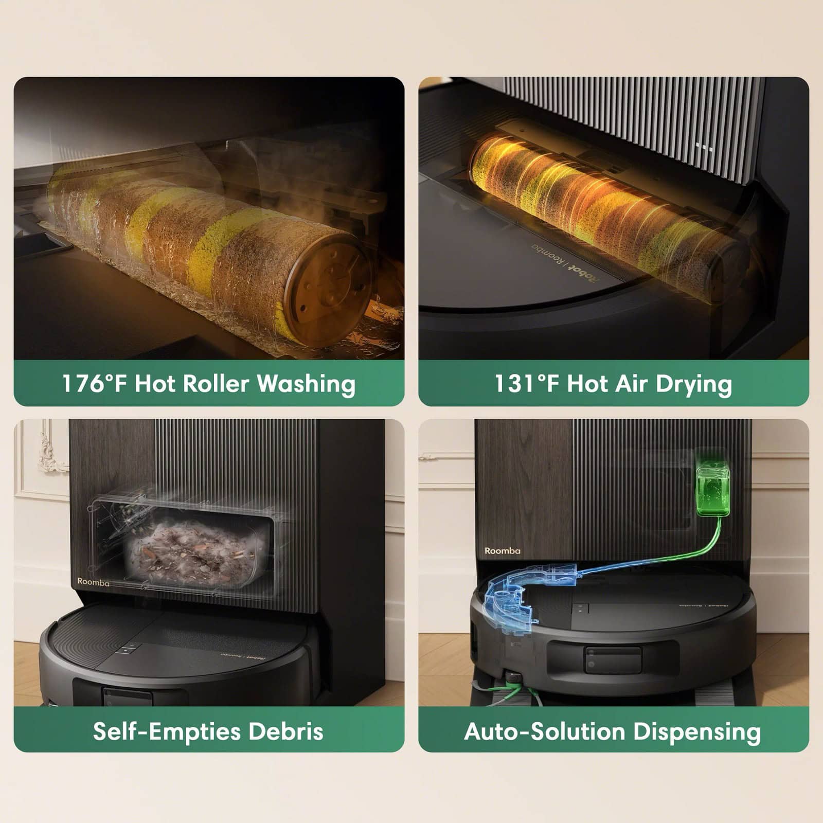 Close-up of the AutoWash&trade; dock washing and drying the mop roller of the Roomba&reg; Max 875 Combo robot