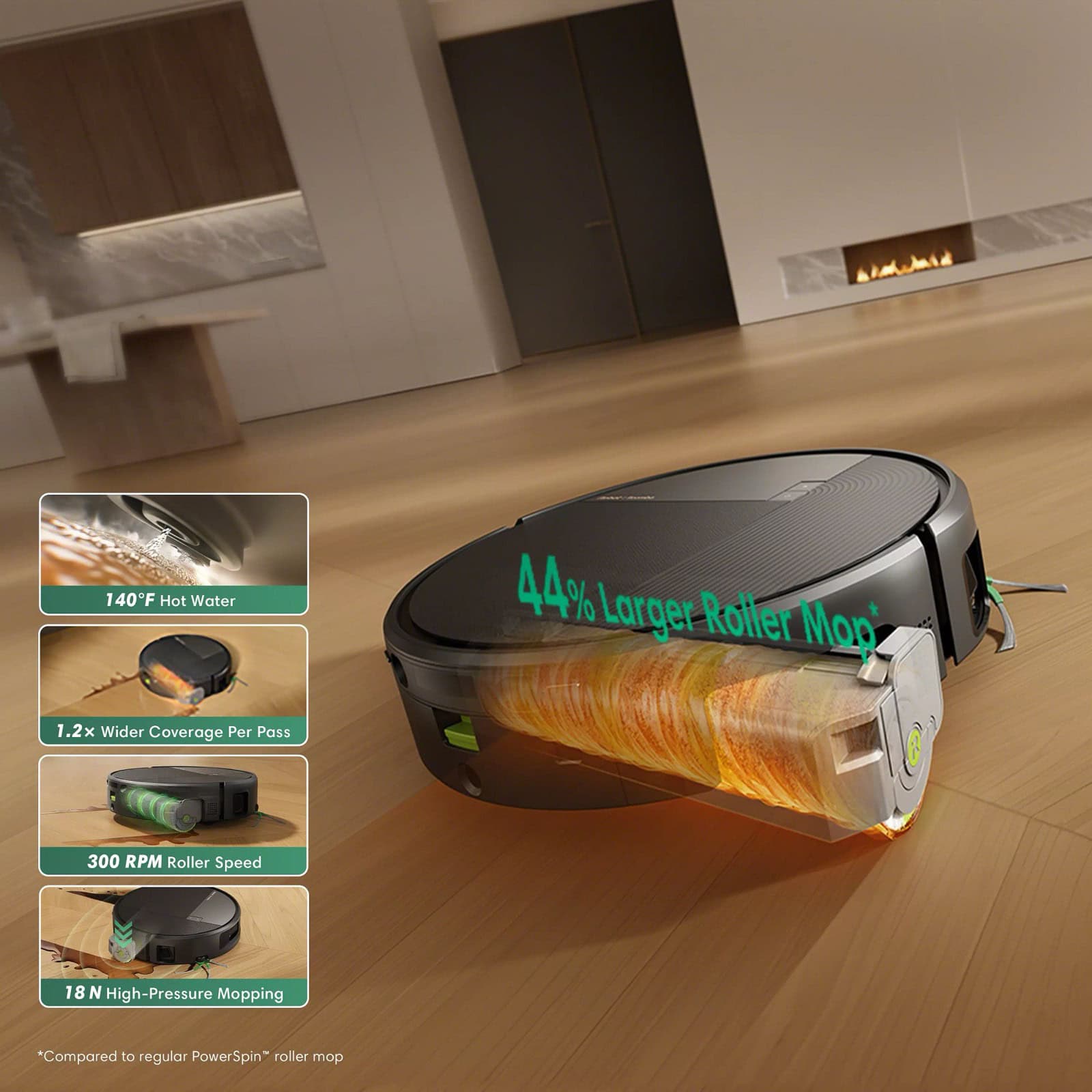 PowerSpin&trade; Max roller of the Roomba&reg; Max 875 Combo robot scrubbing the floor with hot water