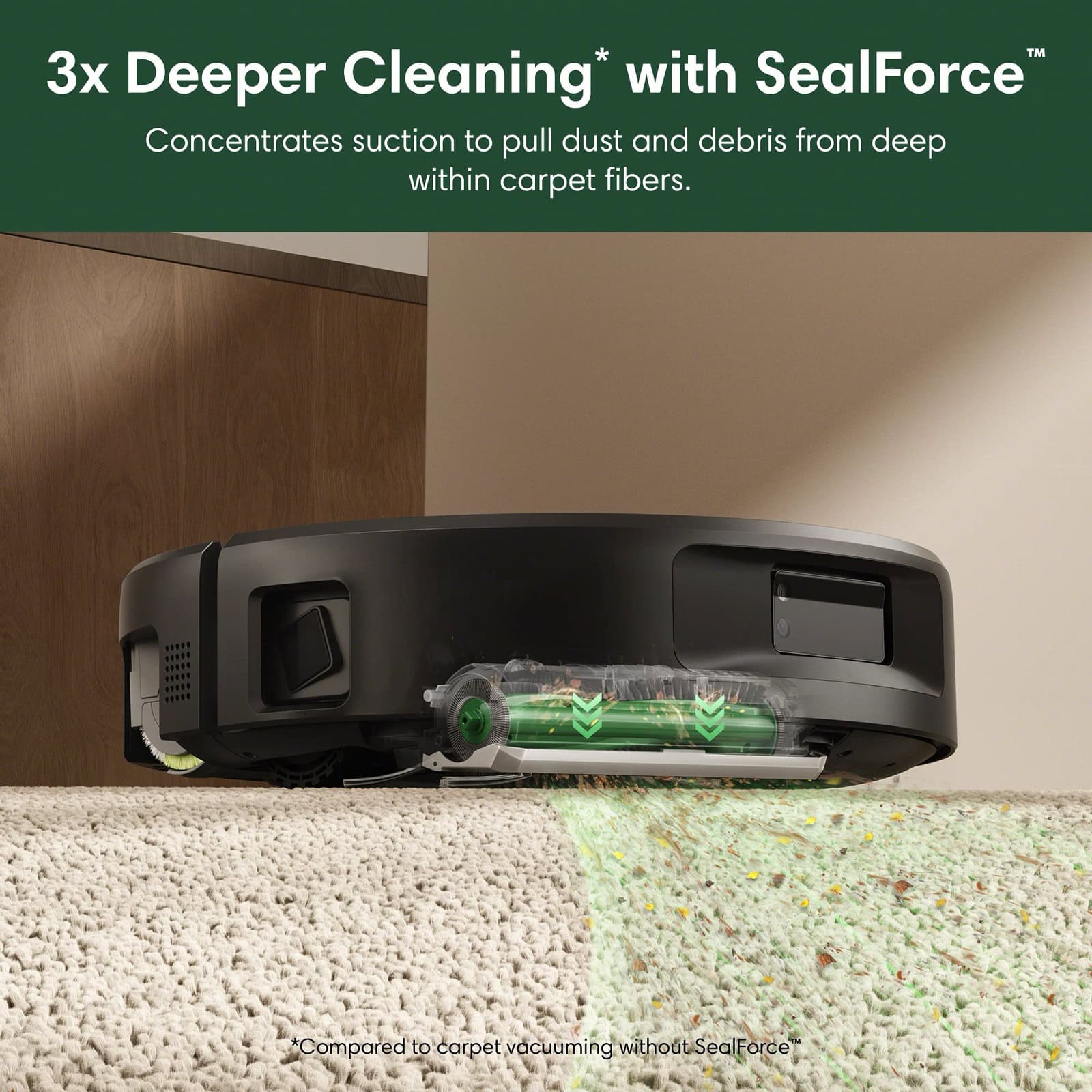 Before and after comparison of a carpet vacuumed by the Roomba&reg; Max 875 Combo robot with SealForce&trade; technology