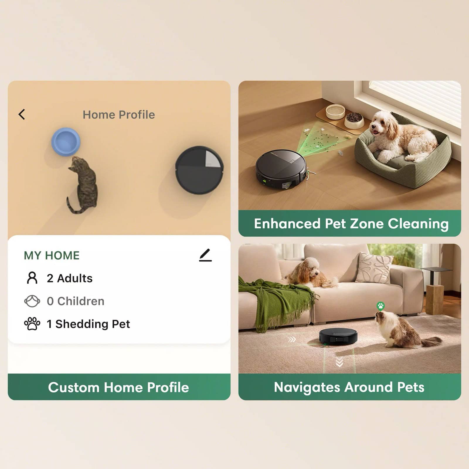 Roomba&reg; Home app screen setting up the home profile and pet areas for the Roomba&reg; Max 875 Combo robot